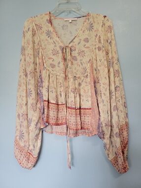 Olivaceous  Womens Boho Floral Tie-Front Peasant Blouse in Cream and Lavender L
